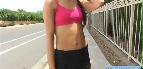  Sexy cutie teen amateur Anyah goes for a run and spread her pussy wide open in public